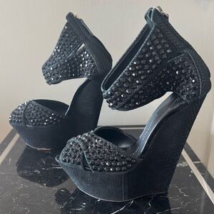 Giuseppe Zanotti RARE Black Crystal Platform Wedges 39 peep fetish